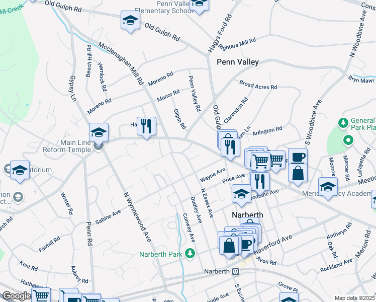 map of restaurants, bars, coffee shops, grocery stores, and more near 202 Stepney Place in Narberth