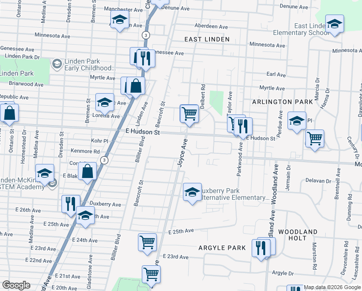 map of restaurants, bars, coffee shops, grocery stores, and more near 2217 Joyce Avenue in Columbus