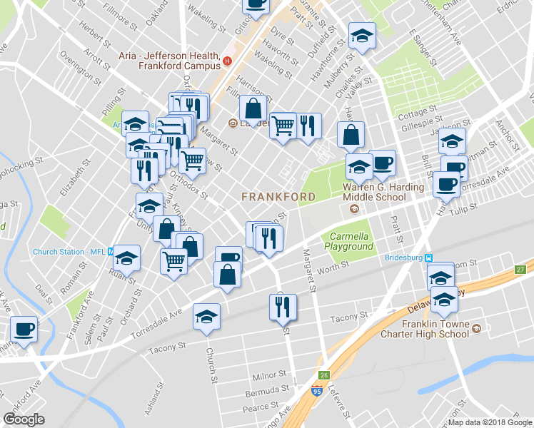 map of restaurants, bars, coffee shops, grocery stores, and more near 4647 Tackawanna Street in Philadelphia