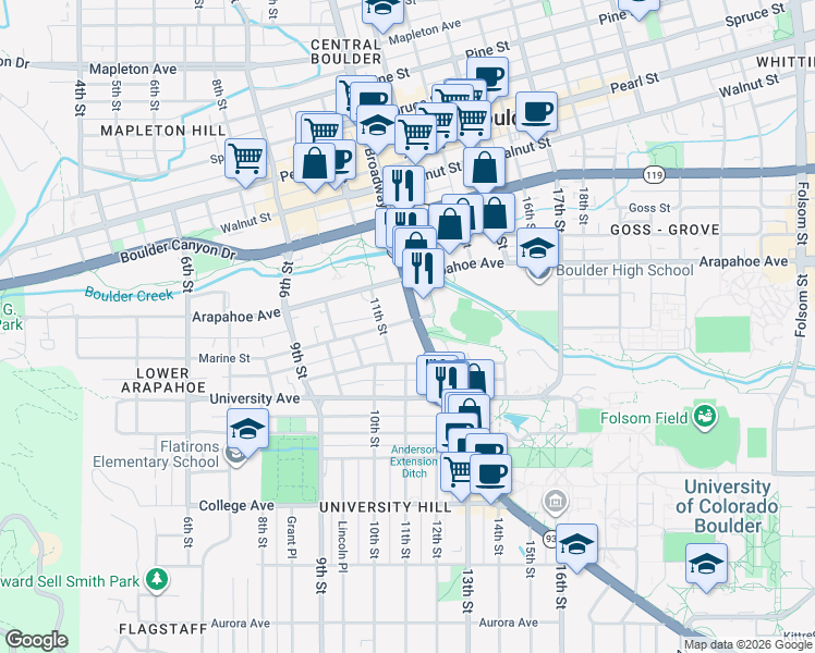 map of restaurants, bars, coffee shops, grocery stores, and more near 1555 Broadway Street in Boulder