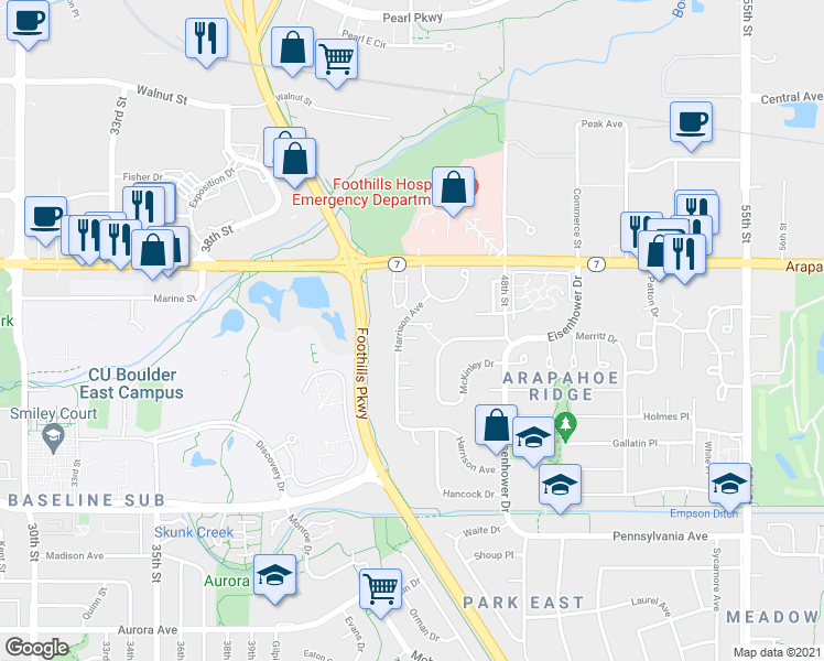 map of restaurants, bars, coffee shops, grocery stores, and more near 4433 Aaron Place in Boulder