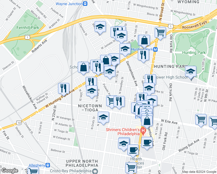 map of restaurants, bars, coffee shops, grocery stores, and more near 3844 North Bouvier Street in Philadelphia