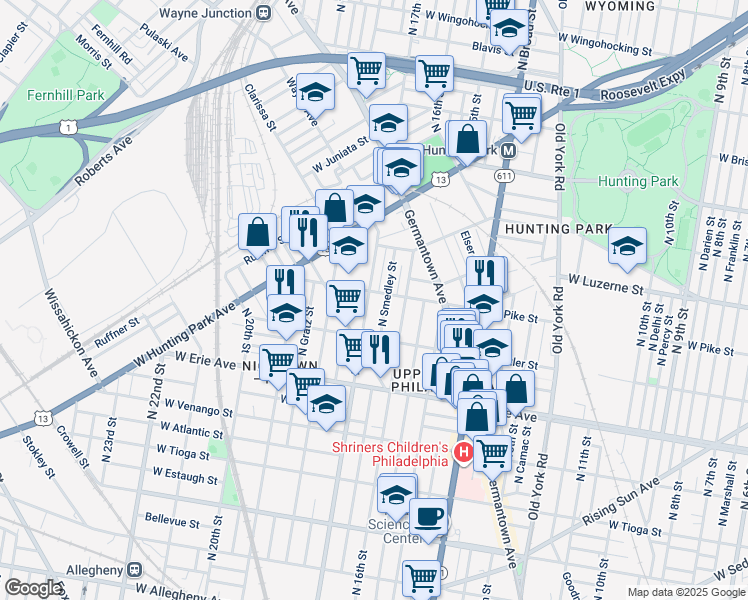 map of restaurants, bars, coffee shops, grocery stores, and more near 3853 North 17th Street in Philadelphia