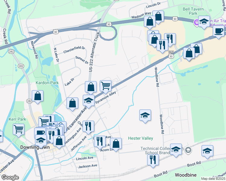 map of restaurants, bars, coffee shops, grocery stores, and more near 626 East Lancaster Avenue in Downingtown