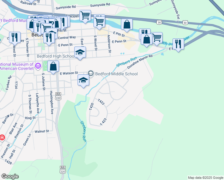 map of restaurants, bars, coffee shops, grocery stores, and more near 533 East Watson Street in Bedford