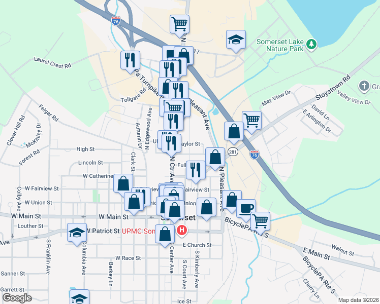 map of restaurants, bars, coffee shops, grocery stores, and more near 151 Missoura Street in Somerset