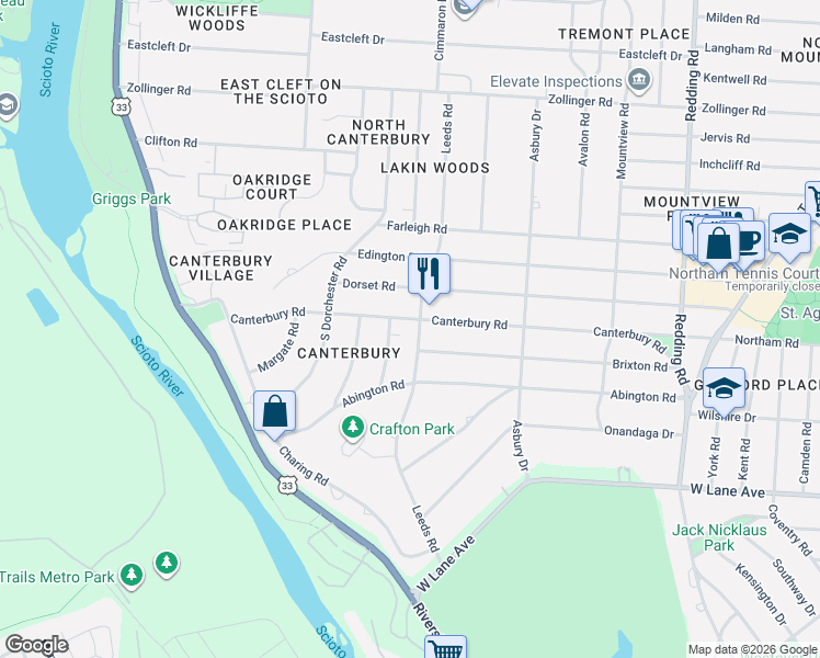 map of restaurants, bars, coffee shops, grocery stores, and more near 2585 Canterbury Road in Columbus
