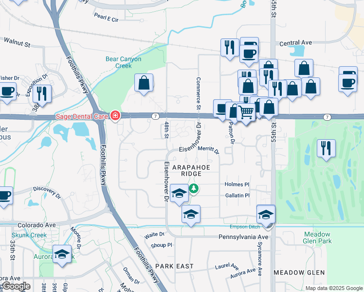 map of restaurants, bars, coffee shops, grocery stores, and more near 4909 Eisenhower Drive in Boulder