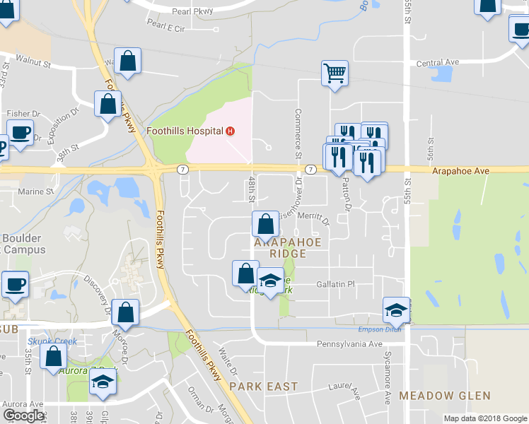 map of restaurants, bars, coffee shops, grocery stores, and more near 4845 Eisenhower Drive in Boulder