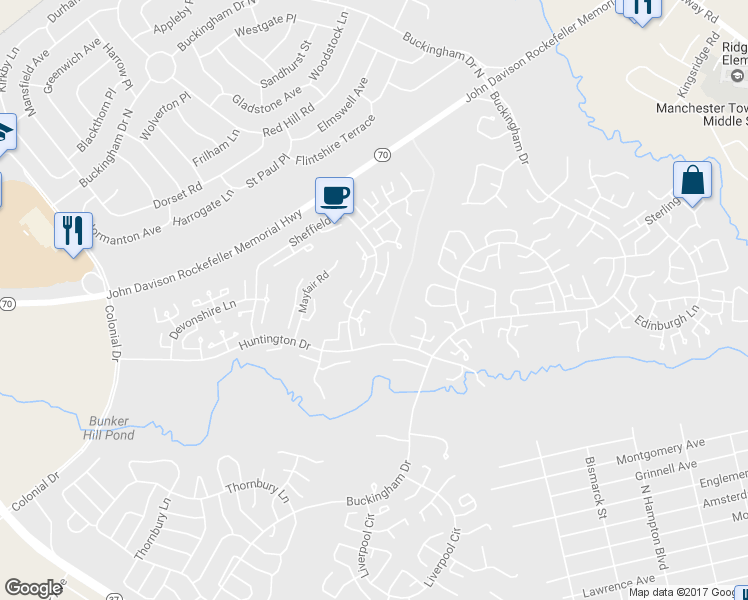 map of restaurants, bars, coffee shops, grocery stores, and more near 534B Warwick Court in Manchester Township