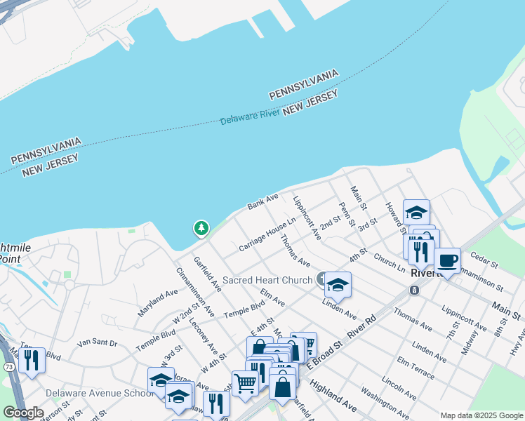 map of restaurants, bars, coffee shops, grocery stores, and more near 109 Bank Avenue in Riverton