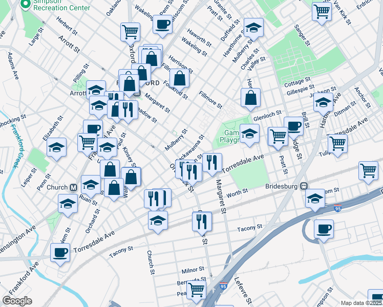 map of restaurants, bars, coffee shops, grocery stores, and more near 4649 Tackawanna Street in Philadelphia