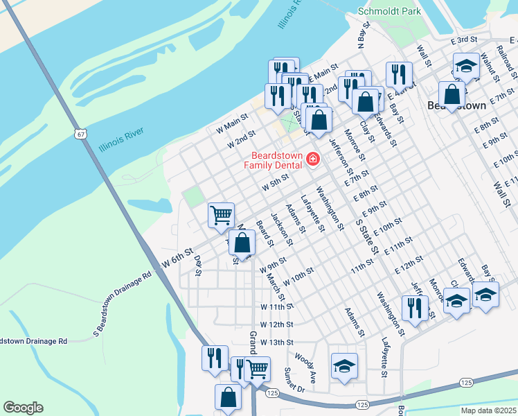 map of restaurants, bars, coffee shops, grocery stores, and more near 512 West 6th Street in Beardstown