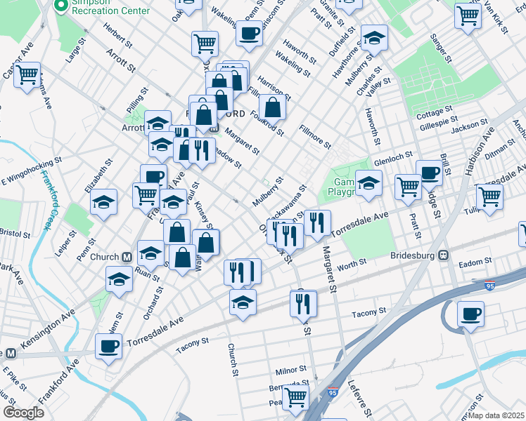 map of restaurants, bars, coffee shops, grocery stores, and more near 1818 Plum Street in Philadelphia