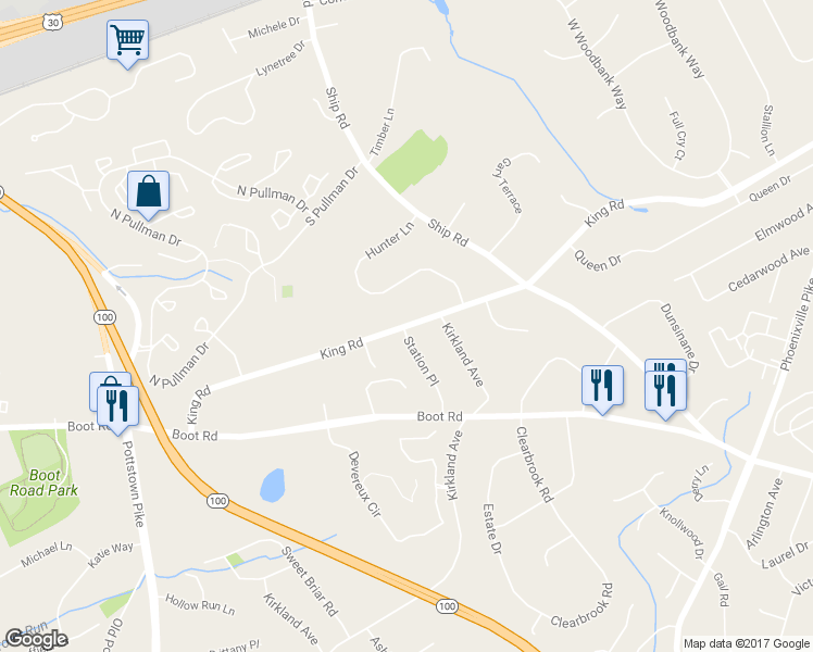 map of restaurants, bars, coffee shops, grocery stores, and more near 408 King Rd in Chester