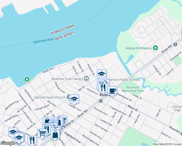 map of restaurants, bars, coffee shops, grocery stores, and more near 206 Howard Street in Riverton