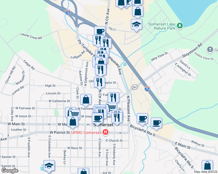 map of restaurants, bars, coffee shops, grocery stores, and more near 151 Missoura Street in Somerset
