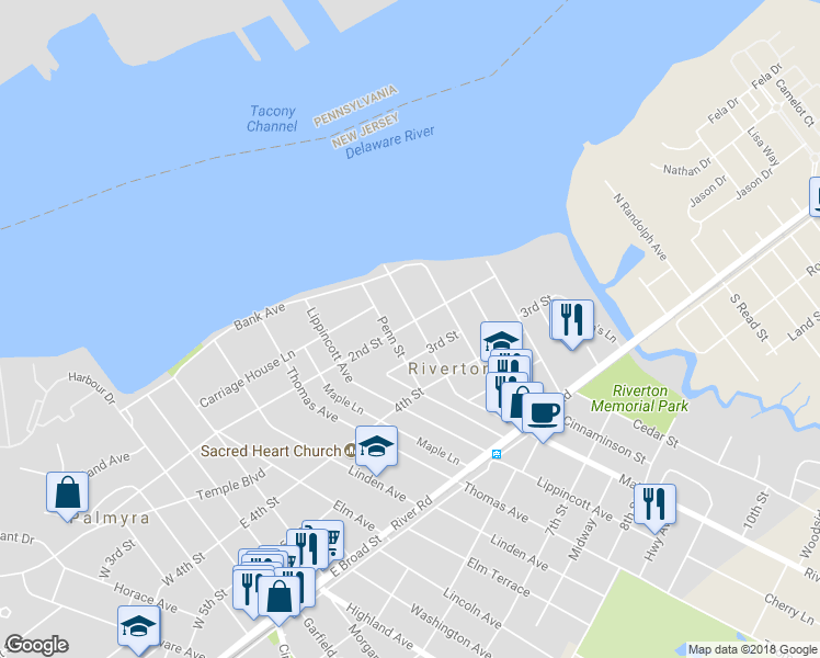 map of restaurants, bars, coffee shops, grocery stores, and more near 200 Main Street in Riverton