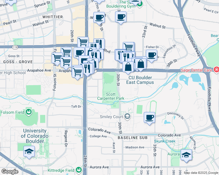 map of restaurants, bars, coffee shops, grocery stores, and more near 1505 30th Street in Boulder