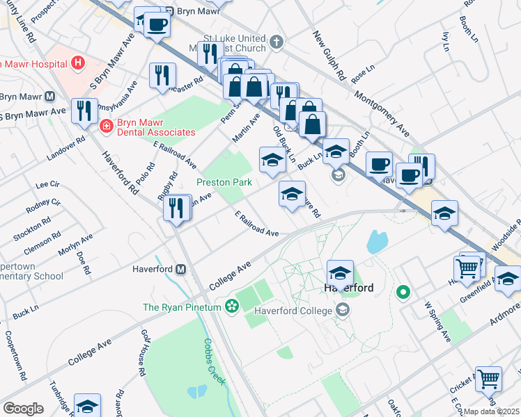 map of restaurants, bars, coffee shops, grocery stores, and more near 629 Walnut Lane in Haverford