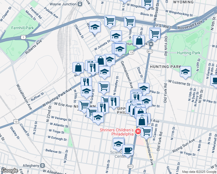 map of restaurants, bars, coffee shops, grocery stores, and more near 3850 North 17th Street in Philadelphia