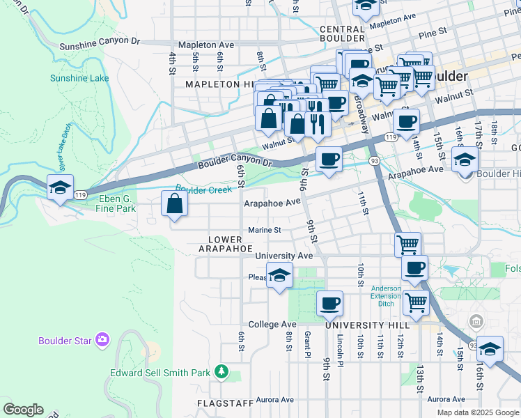 map of restaurants, bars, coffee shops, grocery stores, and more near 640 Arapahoe Avenue in Boulder