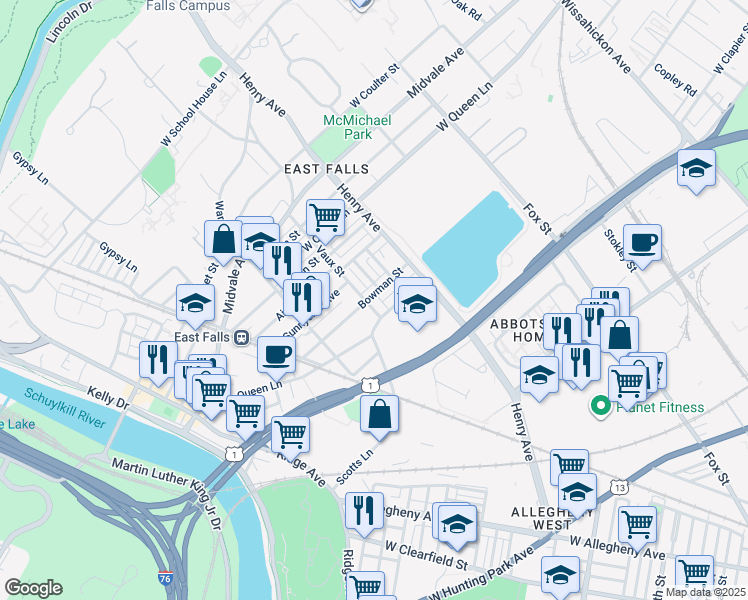 map of restaurants, bars, coffee shops, grocery stores, and more near 3375 Vaux Street in Philadelphia