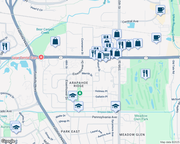 map of restaurants, bars, coffee shops, grocery stores, and more near 5087 Merritt Drive in Boulder