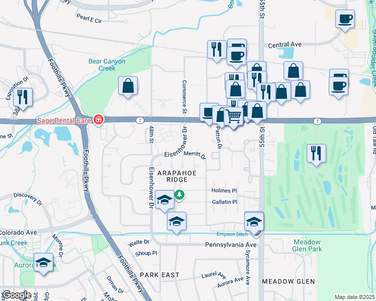 map of restaurants, bars, coffee shops, grocery stores, and more near 5087 Merritt Drive in Boulder