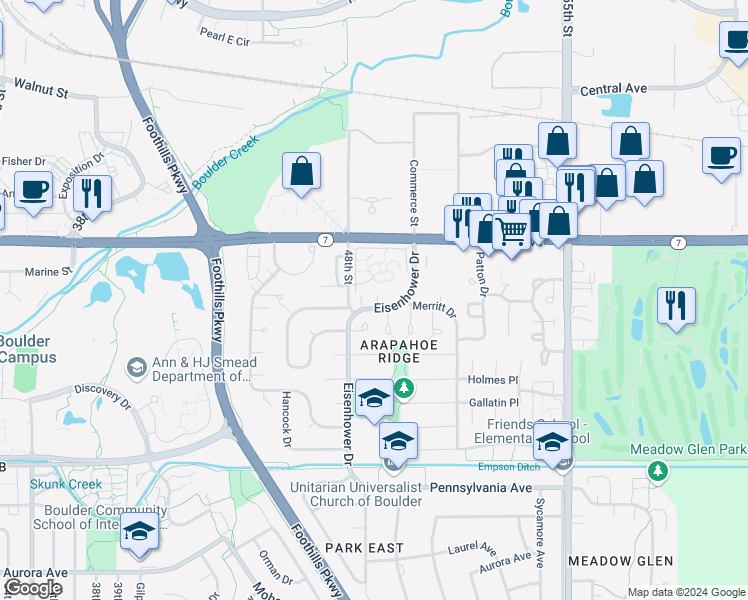map of restaurants, bars, coffee shops, grocery stores, and more near 4845 Eisenhower Drive in Boulder