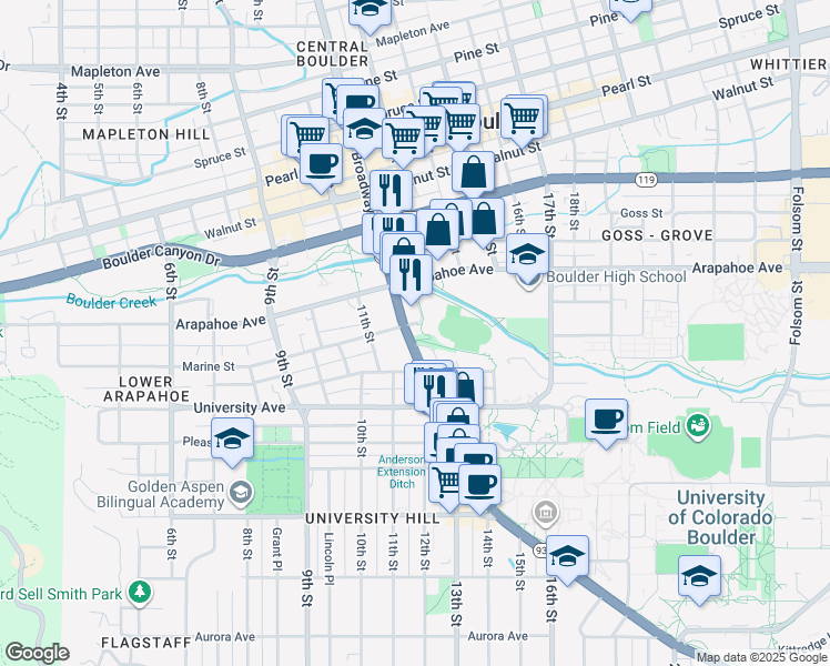 map of restaurants, bars, coffee shops, grocery stores, and more near 1560 Broadway in Boulder