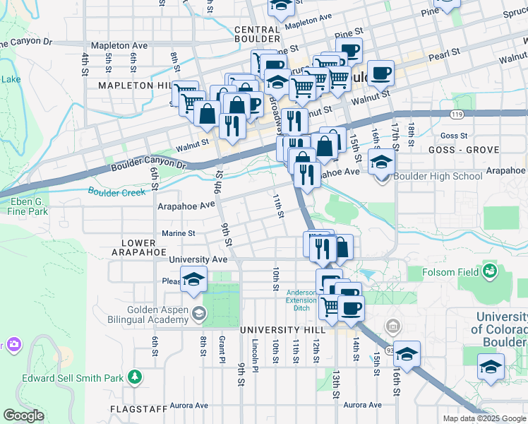 map of restaurants, bars, coffee shops, grocery stores, and more near 1051 Marine Street in Boulder