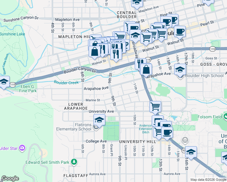 map of restaurants, bars, coffee shops, grocery stores, and more near 1639 9th Street in Boulder