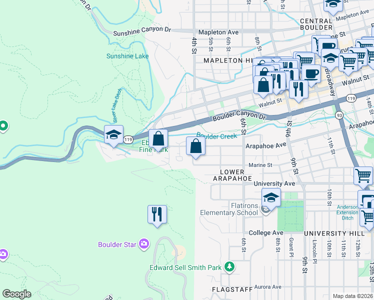 map of restaurants, bars, coffee shops, grocery stores, and more near 358 Arapahoe Avenue in Boulder