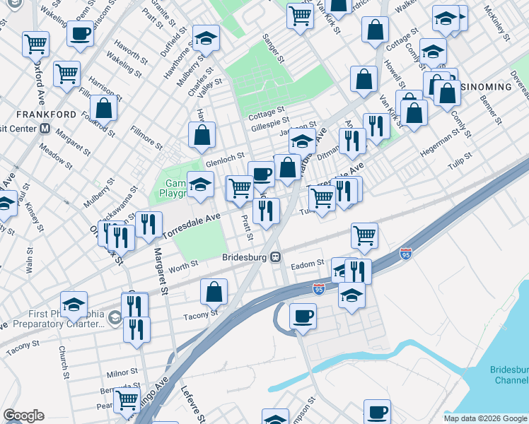 map of restaurants, bars, coffee shops, grocery stores, and more near 2128 Bridge Street in Philadelphia