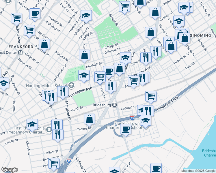 map of restaurants, bars, coffee shops, grocery stores, and more near 2128 Bridge Street in Philadelphia
