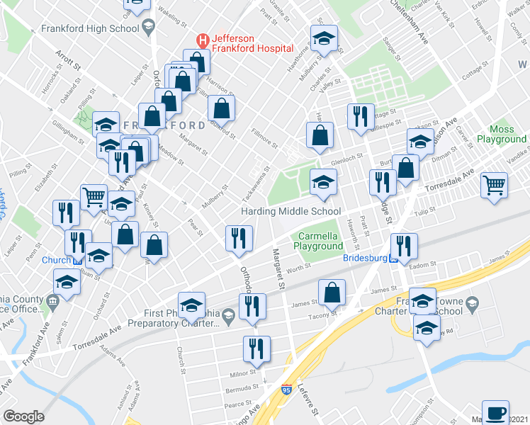map of restaurants, bars, coffee shops, grocery stores, and more near 2013 Wilmot Street in Philadelphia