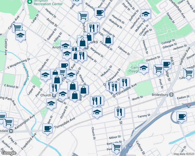 map of restaurants, bars, coffee shops, grocery stores, and more near 4552 Mulberry Street in Philadelphia