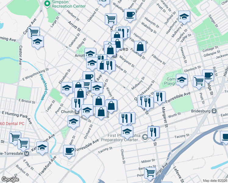 map of restaurants, bars, coffee shops, grocery stores, and more near 1705 Kinsey Street in Philadelphia