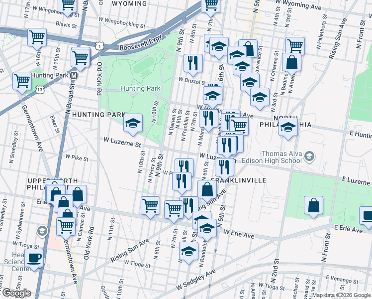 map of restaurants, bars, coffee shops, grocery stores, and more near 4001 North 7th Street in Philadelphia