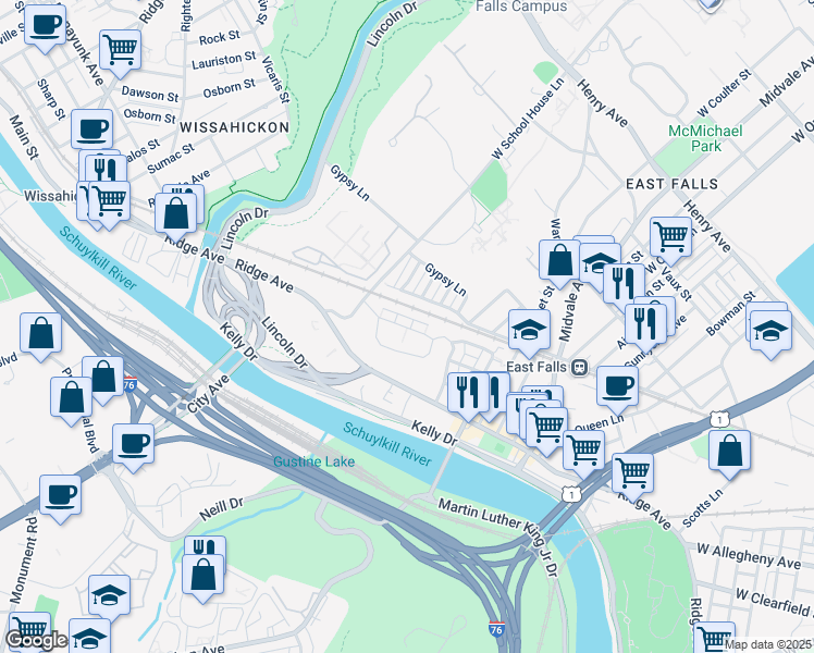 map of restaurants, bars, coffee shops, grocery stores, and more near 4467 Riverview Lane in Philadelphia