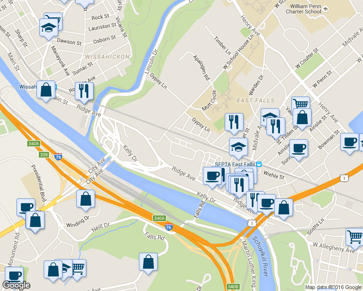 map of restaurants, bars, coffee shops, grocery stores, and more near 4467 Riverview Lane in Philadelphia