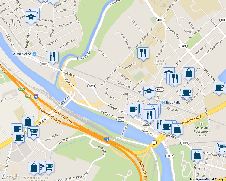 map of restaurants, bars, coffee shops, grocery stores, and more near 4467 Riverview Lane in Philadelphia