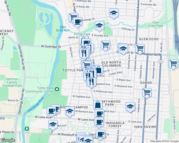 map of restaurants, bars, coffee shops, grocery stores, and more near 2458 North Pearl Street in Columbus