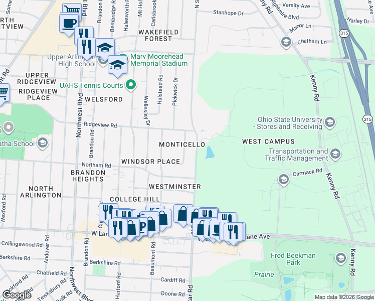 map of restaurants, bars, coffee shops, grocery stores, and more near 2681 Montcalm Road in Columbus