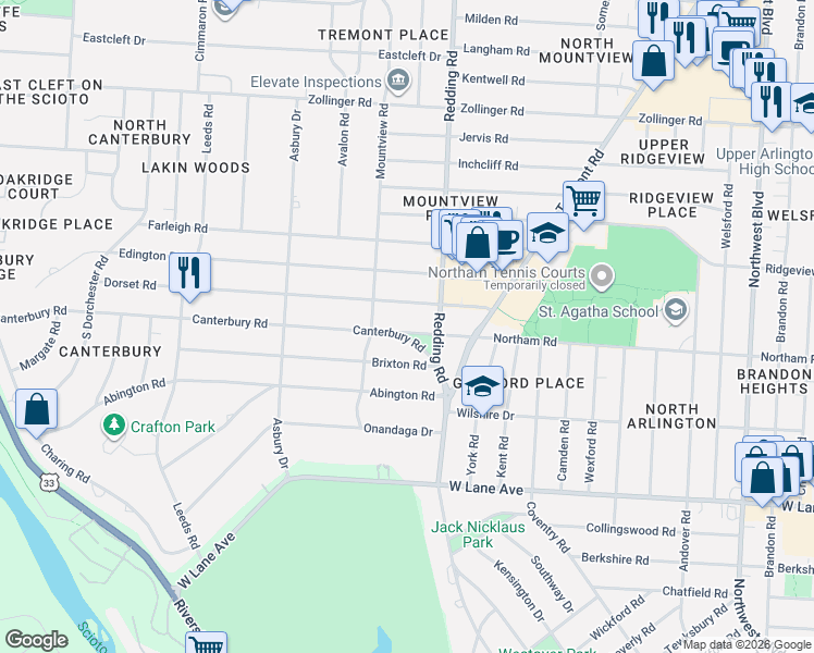 map of restaurants, bars, coffee shops, grocery stores, and more near 2246 Northam Road in Upper Arlington