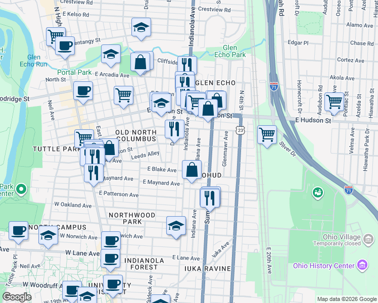 map of restaurants, bars, coffee shops, grocery stores, and more near 2444-2446 Deming Avenue in Columbus