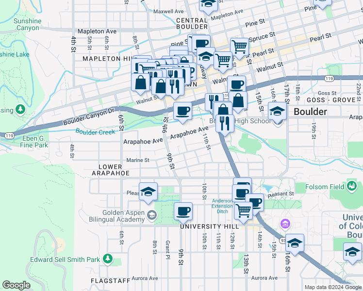map of restaurants, bars, coffee shops, grocery stores, and more near 1617 Lincoln Place in Boulder
