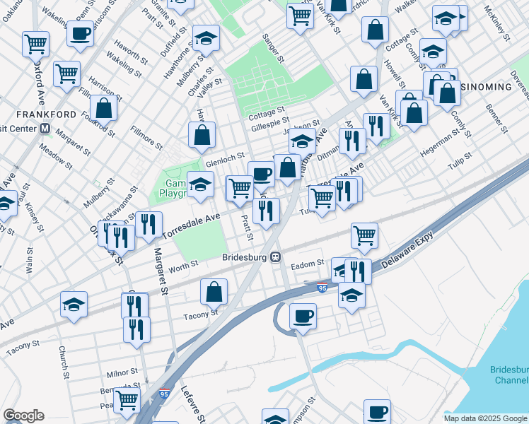 map of restaurants, bars, coffee shops, grocery stores, and more near 2128 Bridge Street in Philadelphia