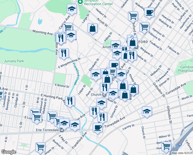 map of restaurants, bars, coffee shops, grocery stores, and more near 1423 Imogene Street in Philadelphia